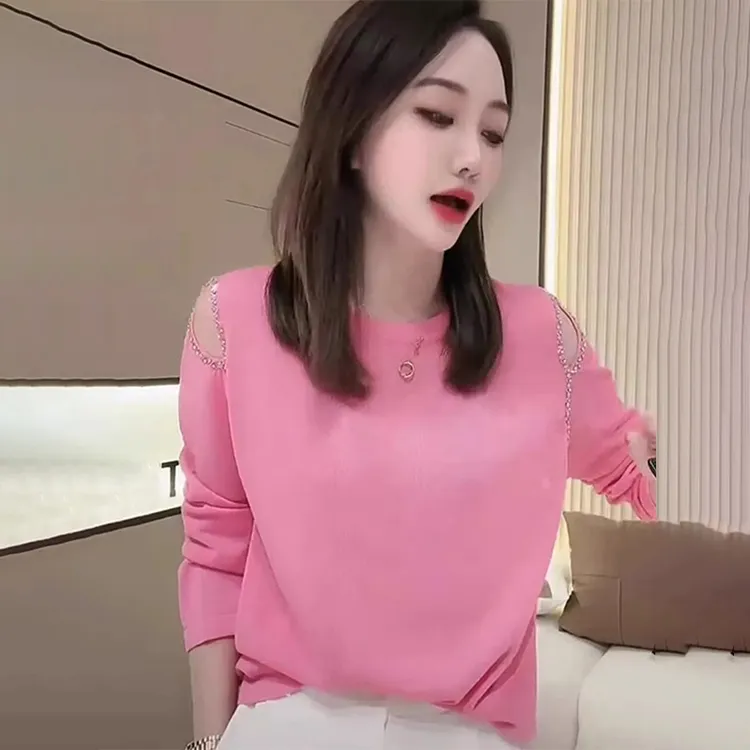 法式轻奢高端露肩长袖打底针织衫女春秋冬款镂空拼接时尚圆领上衣