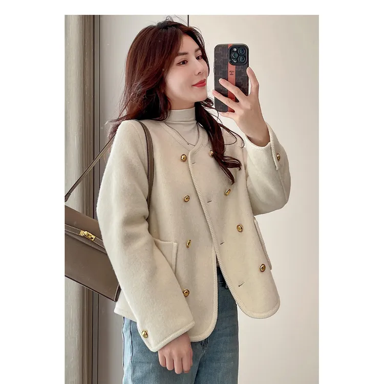 小香风款短款毛呢上衣双面呢毛呢韩系毛呢2024秋季新款外套小个子