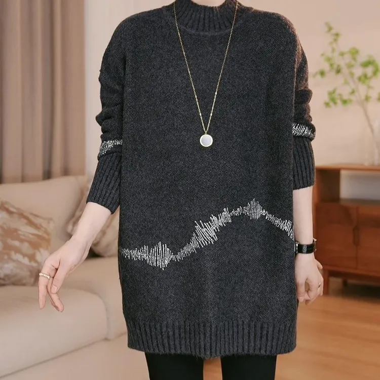 毛衣女秋冬新款洋气宽松大码遮肚子中长款加厚时尚百搭针织打底衫
