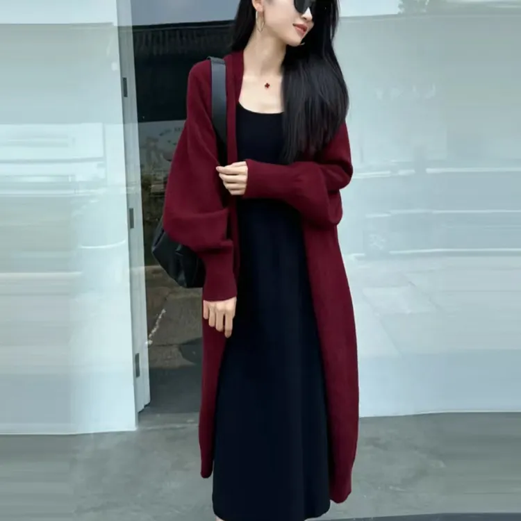 秋冬女毛衣外套慵懒风过膝长款宽松大码加厚春秋针织开衫显瘦外搭