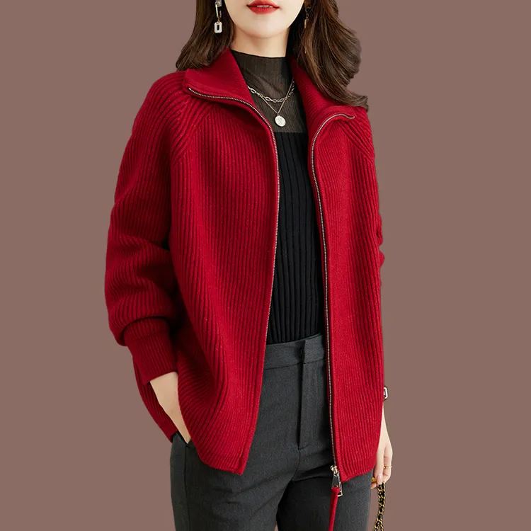 秋冬新款针织开衫毛衣外套女春秋栓拉链外搭宽松大码洋气纯色上衣