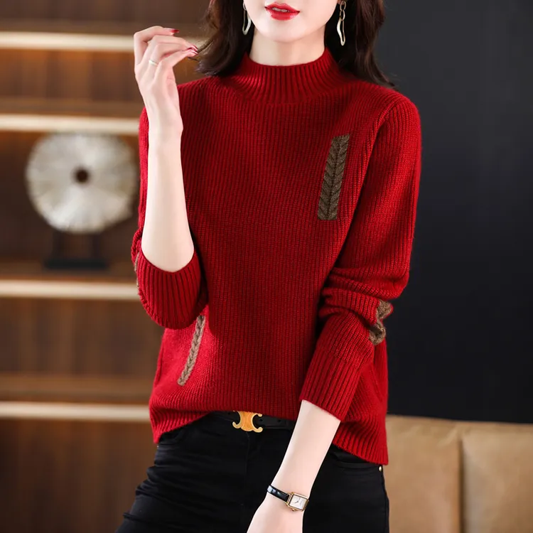 半高领毛衣2024年新款洋气女秋冬针织内搭宽松上衣冬季红色打底衫