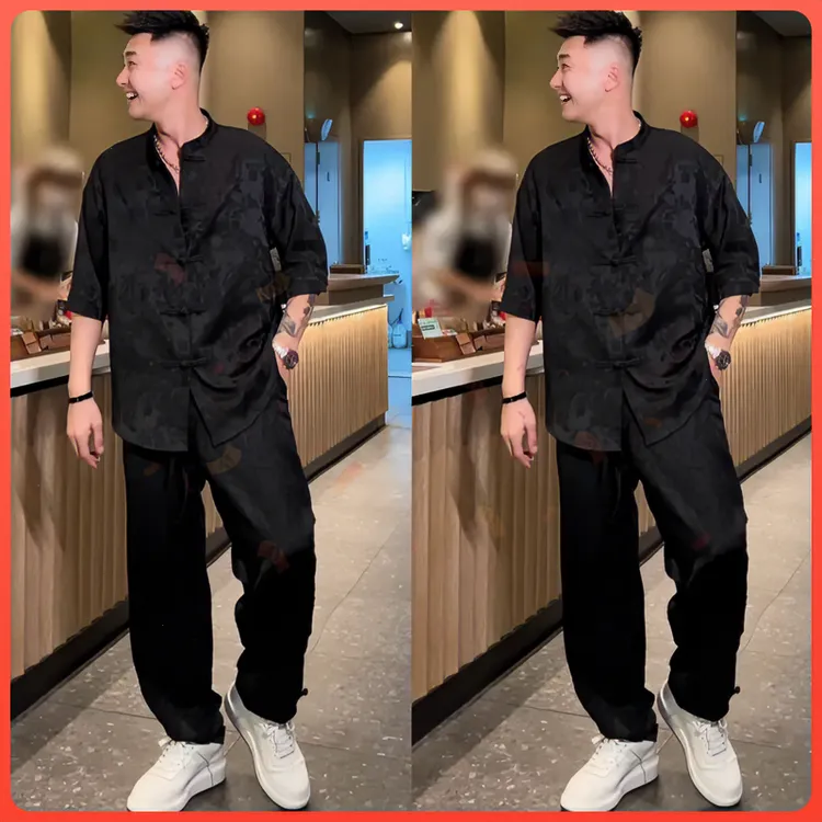 新中式提花盘扣唐装两件套男士夏季宽松五分袖直筒裤休闲时尚套装