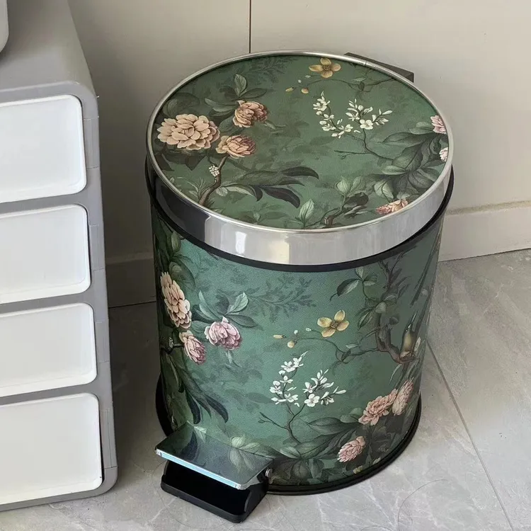 【油画花卉带盖脚踏垃圾桶】带提手内胆大容量复古客厅加厚垃圾桶