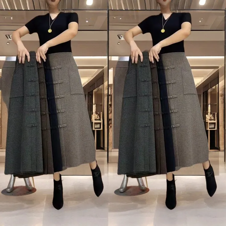 秋冬新款高腰弹力盘扣半身裙中长款妈妈裙保暖夏季显瘦裙子中长裙