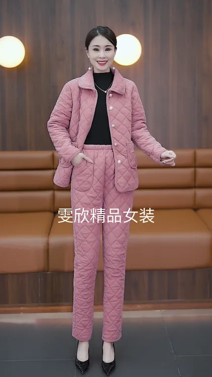 妈妈棉衣棉裤两件套秋冬新款中老年加绒加厚居家服时尚保暖套装女