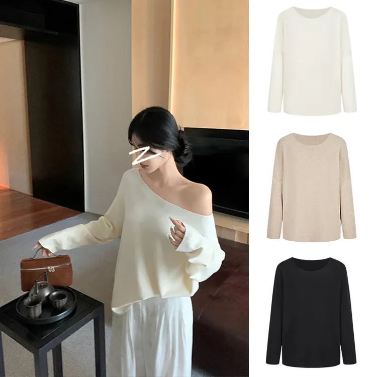 Moses Queen/魔西女王慵懒高级斜肩毛衣露肩针织衫宽松蝙蝠袖上衣