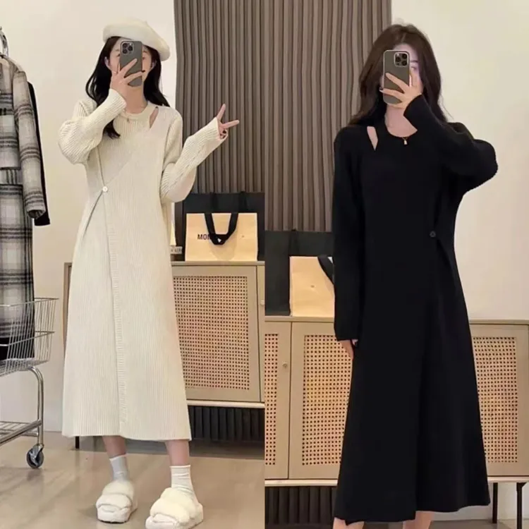 大衣内搭针织打底连衣裙子女秋冬季2025新款中长款毛衣裙挂脖长裙