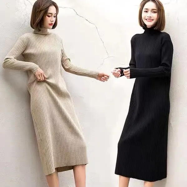 mulisha/穆丽莎高个子长款毛衣裙女新款半高领内搭过膝针织连衣裙