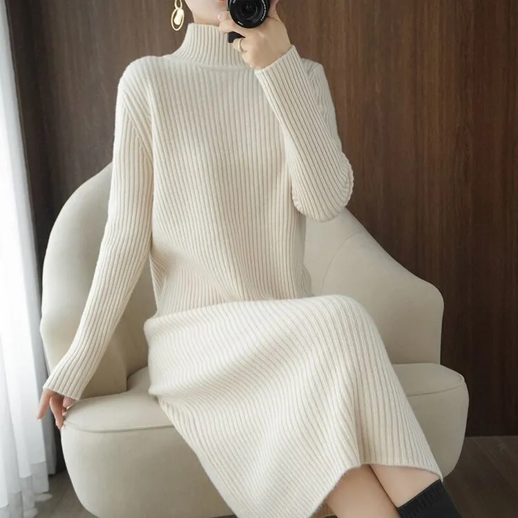 【075188】高领/半高领中长款毛衣裙女秋冬过膝配大衣加厚打底衫