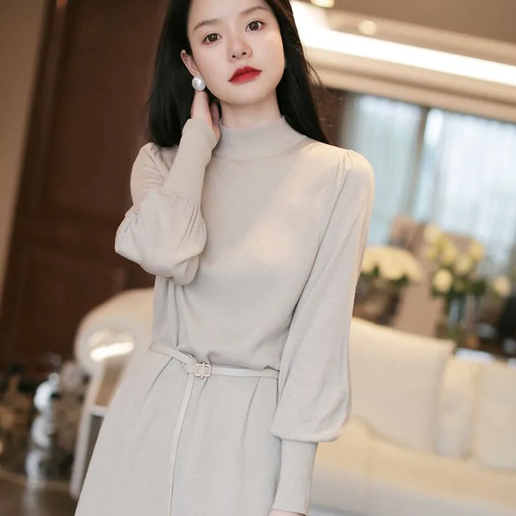 mulisha/穆丽莎针织连衣裙子女高端洋气中长款纯色毛衣内搭打底