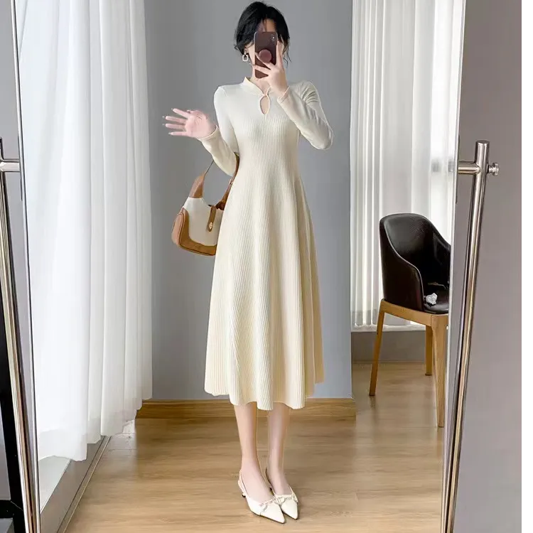 新中式国风针织连衣裙长裙修身裙子立领半高领中长款针织打底裙子