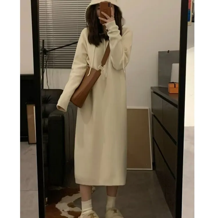 mulisha/穆丽莎新款连帽针织连衣裙子小个子长款打底内搭毛衣长裙