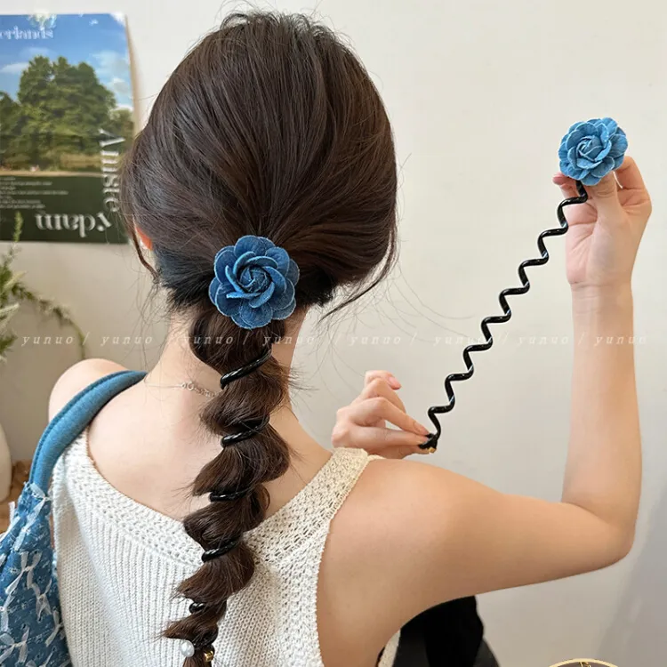 牛仔单宁~精致山茶花泡泡辫电话线头绳女高级感编发神器夏季发圈