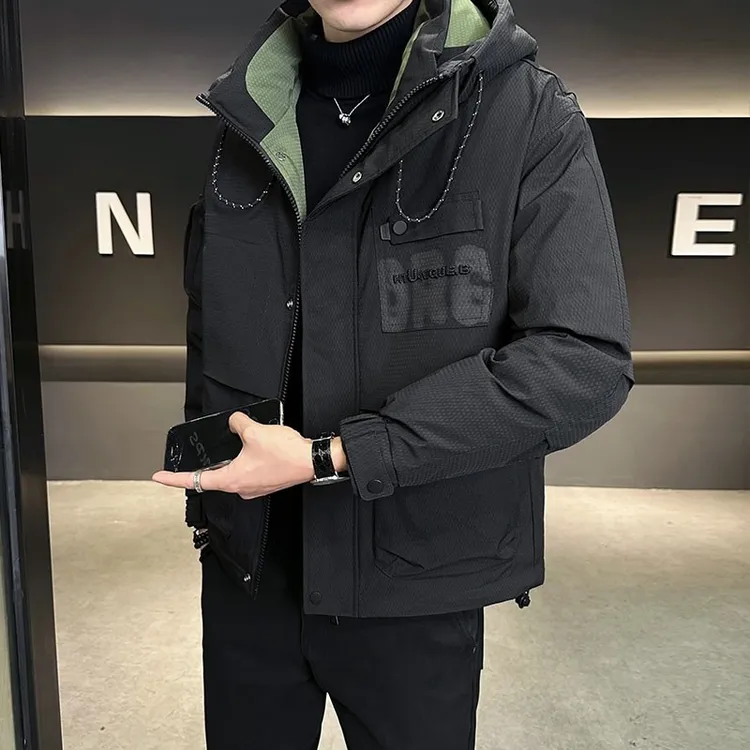 2024新款保暖加厚连帽白鸭绒羽绒服男时尚休闲工装上衣宽松大码潮