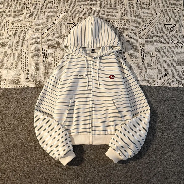 美式复古条纹连帽卫衣女春秋2024新款oversize宽松慵懒风拉链开衫
