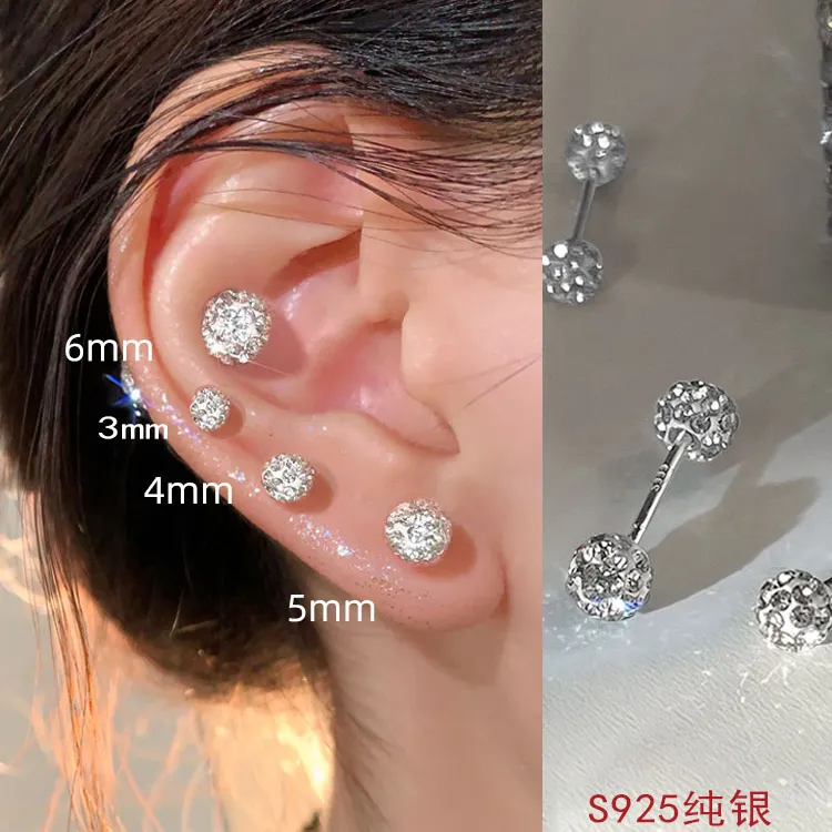 925银耳饰 纯银耳骨钉女养耳洞耳蜗钉超闪双头锆石闪钻耳钉女拧扣
