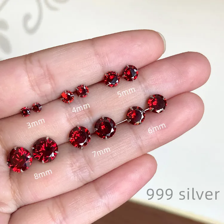 足银耳饰 华子耳钉女999纯银仿红钻锆石简约超闪防过敏小众耳骨钉