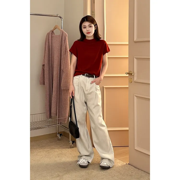 半高领半袖细针织衫女2024早秋新款欧货简约纯色百搭打底衫潮096