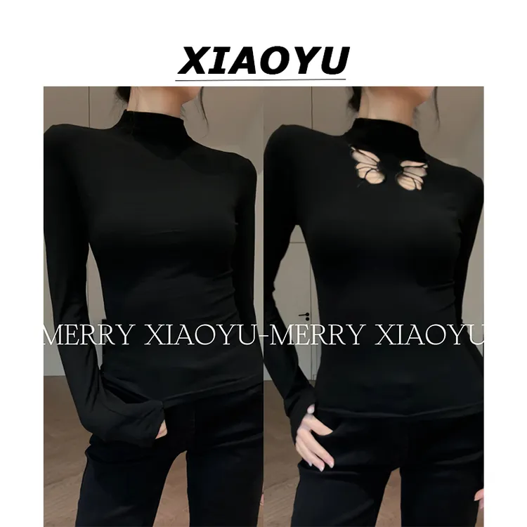  小鱼【甜辣日常】辣妹蝴蝶镂空半高领T恤女设计感百搭长袖上衣