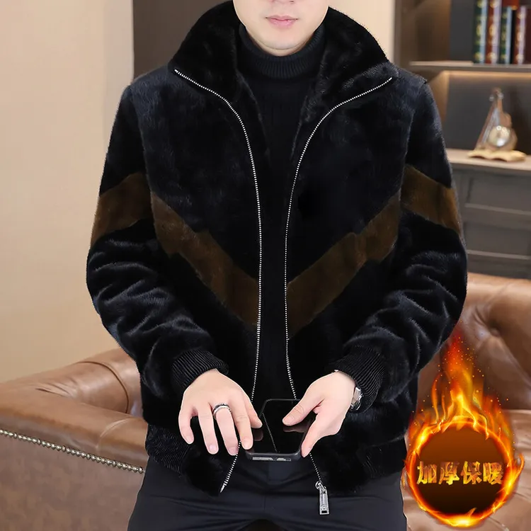 高品质男装冬季保暖仿貂绒夹克高端外套时尚潮流痞帅加厚外套男