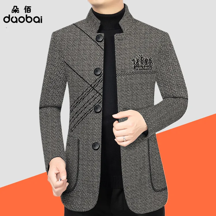 秋冬加棉夹克男士商务立领中年时尚修身休闲外套毛呢料夹克爸爸装