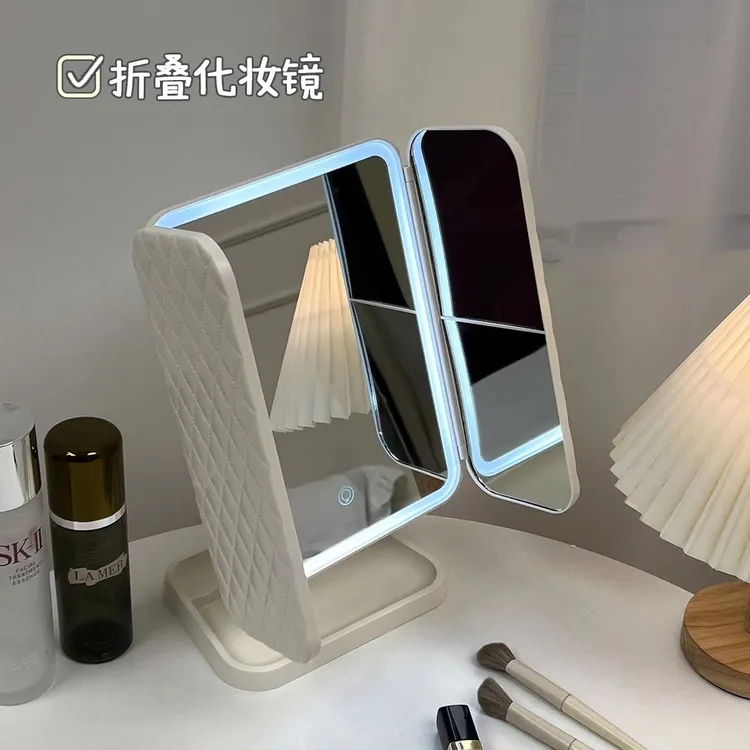 LED贝壳化妆镜折叠台式带灯双开桌面镜家用美妆镜宿舍镜女生礼物