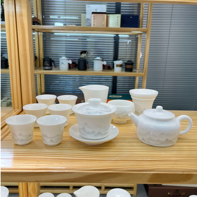悬停远山14件套羊脂玉白瓷悬停盖碗功夫茶具安全泡沫包装