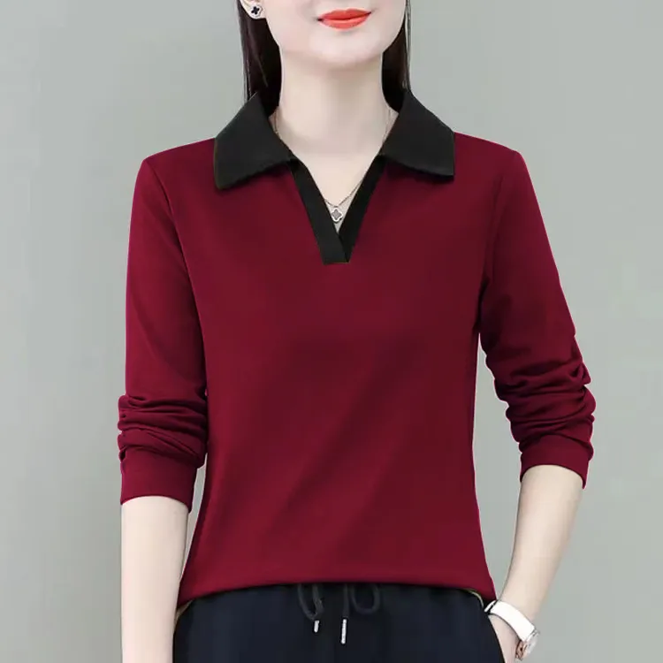  100%纯棉长袖t恤女春秋季新款韩版百搭休闲显瘦洋气polo翻领上衣