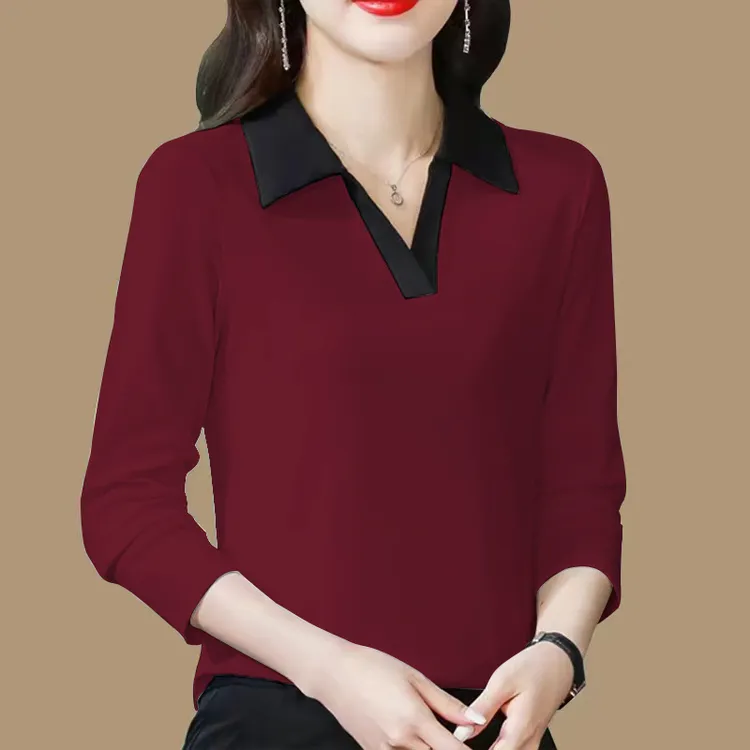 100%纯棉拼色长袖t恤女春秋季新款修身显瘦百搭洋气polo翻领上衣