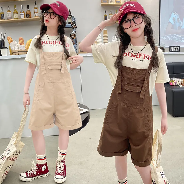 女童夏装时髦套装2024新款中大儿童夏季背带裤女孩洋气短袖两件套