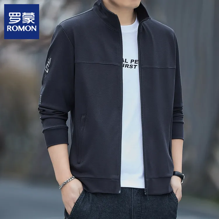 Romon/罗蒙开衫卫衣男士春秋季休闲运动上衣服宽松百搭立领外套潮
