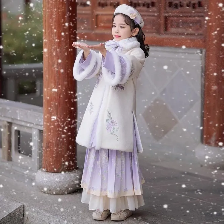汉服女童冬季加绒加厚儿童古风唐装秋冬款古装拜年服中国风过年装