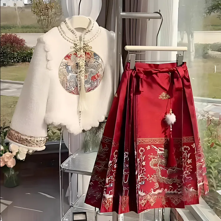 中国风马面裙套装女童汉服中式秋冬款冬季加绒拜年服新年儿童唐装