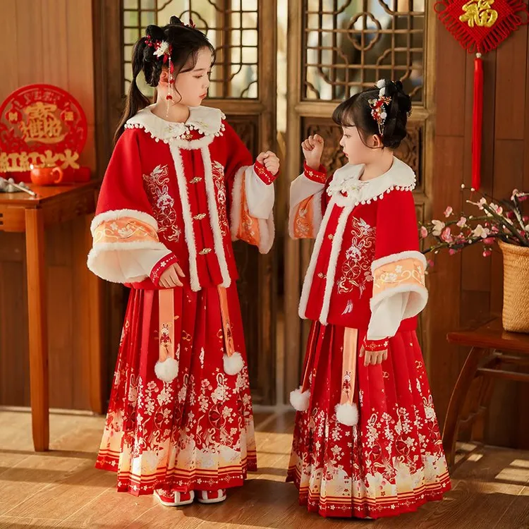 女童马面裙套装儿童汉服加绒加厚红色拜年服冬季款中国风过年服装