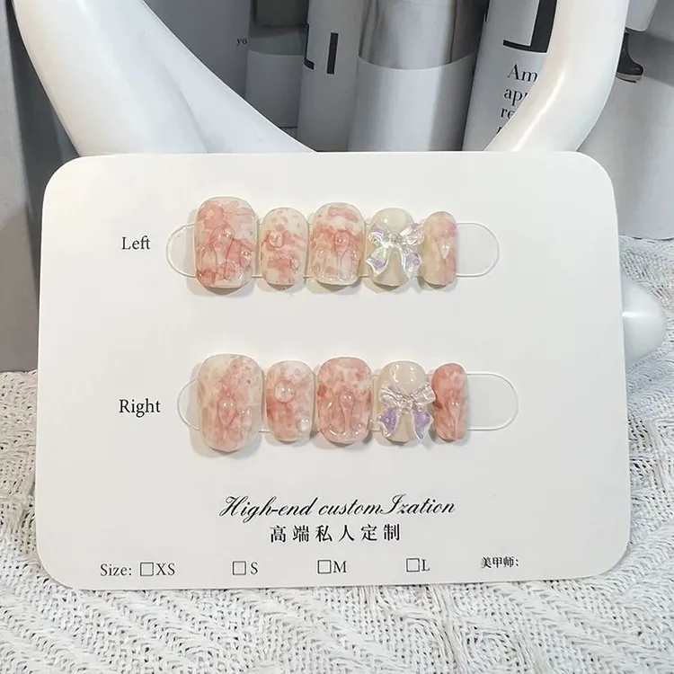 水彩晕染甜美可爱蝴蝶结短款美甲贴片假指甲手工穿戴甲穿戴甲短款
