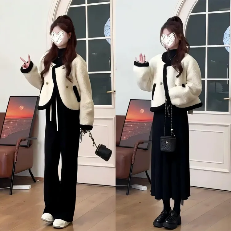 时尚洋气小香风短款加厚外套半身裙两件套冬季新款网红套装气质女