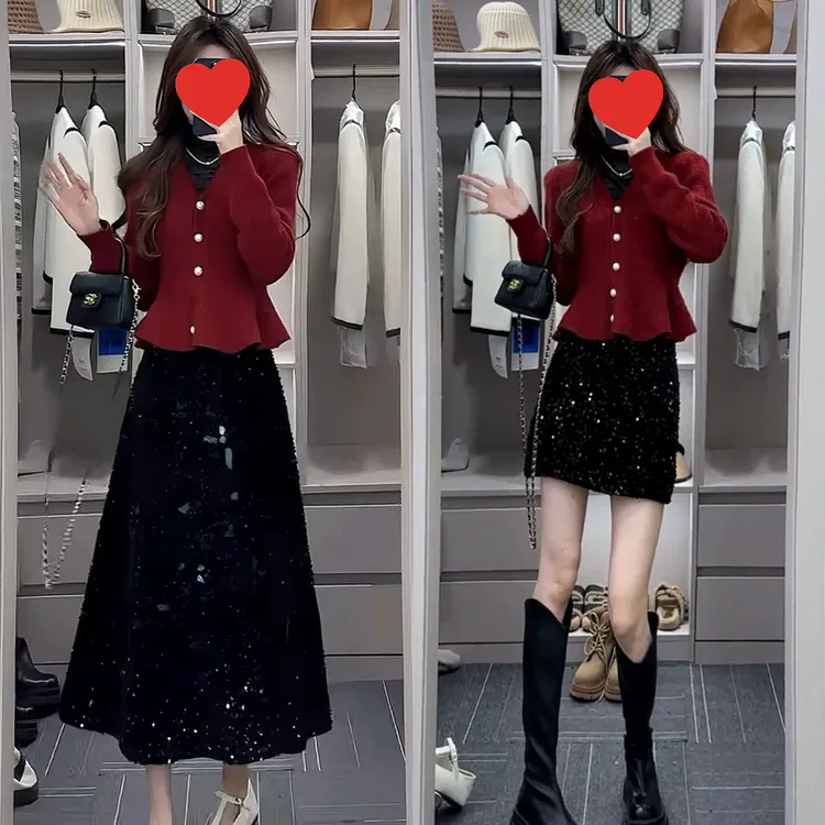 新款设计感气质减龄小香风红色毛衣外套女显瘦百搭高腰半身裙套装