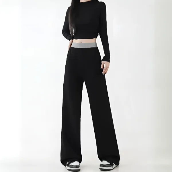 黑色拼接休闲裤女秋冬新款大码胖mm宽松显瘦梨形身材阔腿运动卫裤