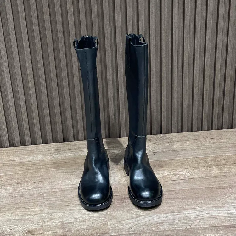 水洗缩纹马皮后拉链长靴女骑士靴2024年春秋新款百搭显瘦长筒靴