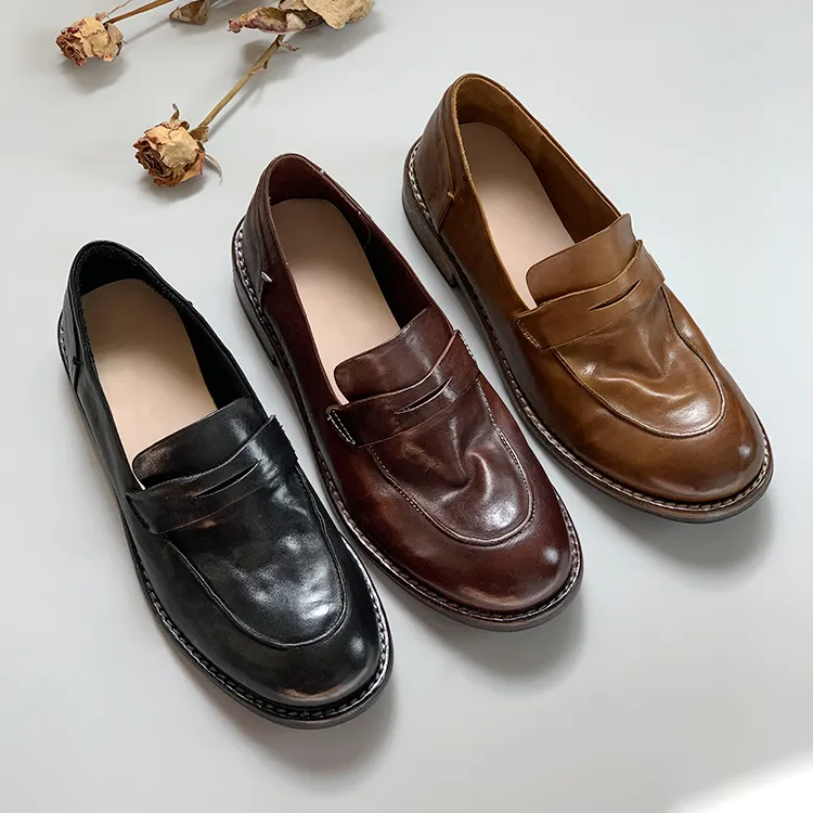 原创设计小皮鞋女百搭单鞋真皮水洗马皮一脚蹬时尚乐福鞋