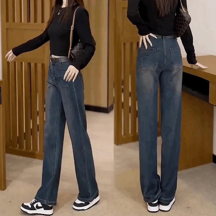2025早春新款大码窄版直筒牛仔裤梨形身材微胖mm腿粗裤子
