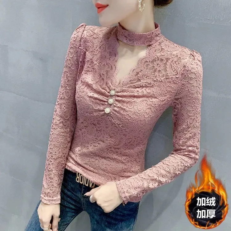 谦真加绒加厚打底衫女秋冬性感镂空V领蕾丝衫T恤长袖紧身内搭洋气