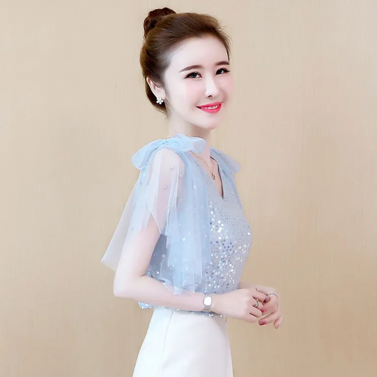 夏季蕾丝上衣超仙雪纺衬衫女夏装2025年新款短袖一字露肩气质小衫