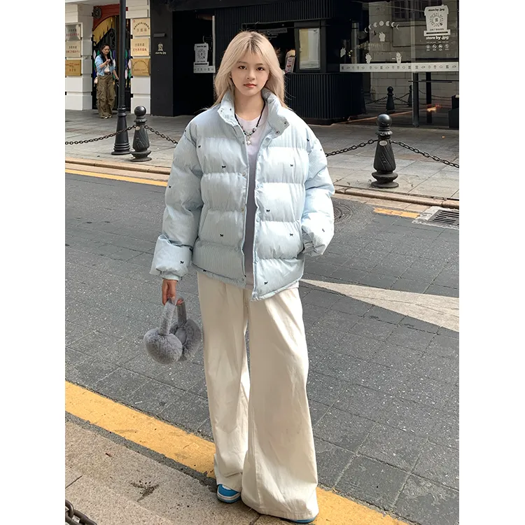 韩系条纹蝴蝶结印花棉服外套女装2025冬季新款宽松保暖时尚棉袄潮