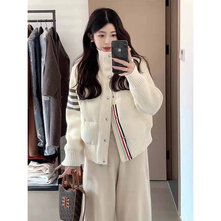 2025新款条纹百搭针织袖短款外套棉服女秋冬季棉衣加厚高级感棉袄