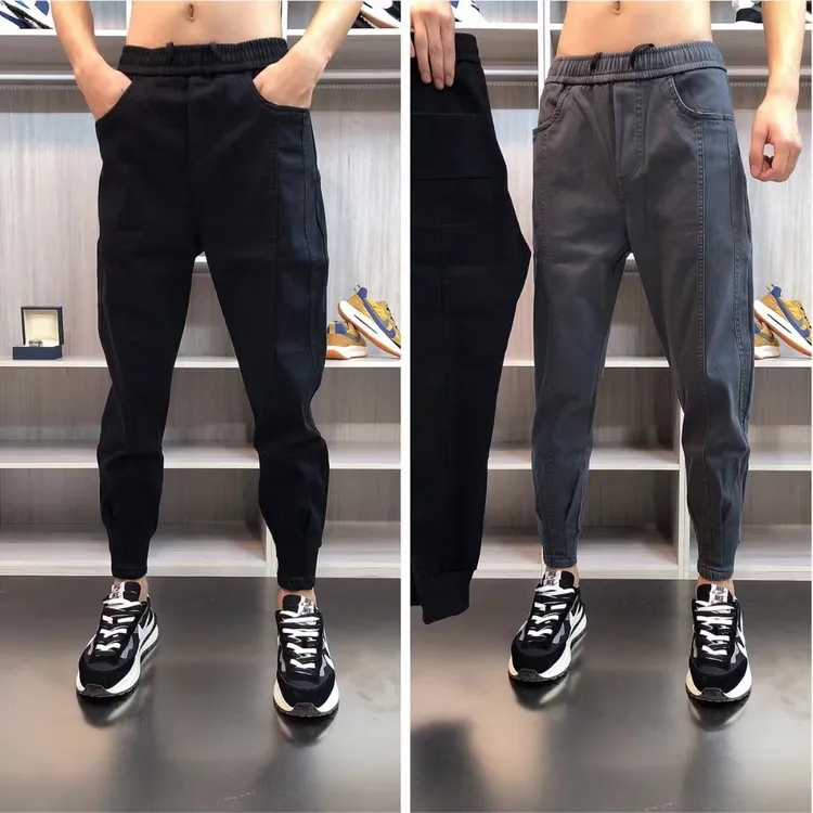 秋季男士时尚潮流休闲裤修身百搭纯色小脚裤子男