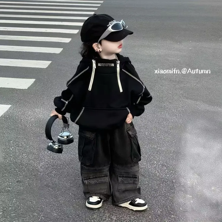 【现货】重工拼接连帽韩版男儿童2025秋冬加绒时尚卫衣洋气宝宝8225