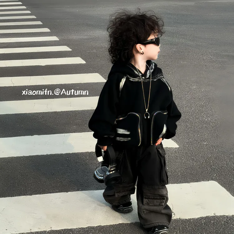 现货〃油漆涂鸦韩版男儿童2024秋冬重工连帽加绒洋气卫衣童装2950