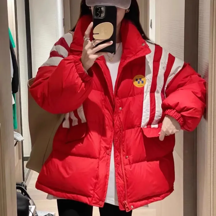 欧货2025冬季新款条纹拼接羽绒服女减龄小个子韩版外套红色羽绒服
